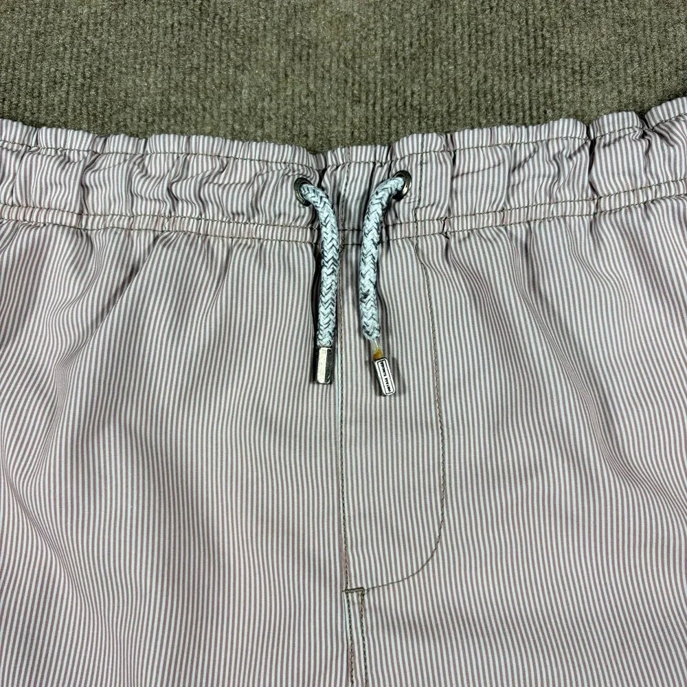 Vintage Summer Swim Shorts Mens Large White Brown Striped Seersucker Drawstring